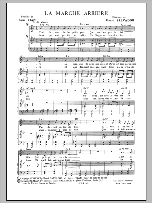 Download Henri Salvador Marche Arriere Sheet Music and learn how to play Piano & Vocal PDF digital score in minutes