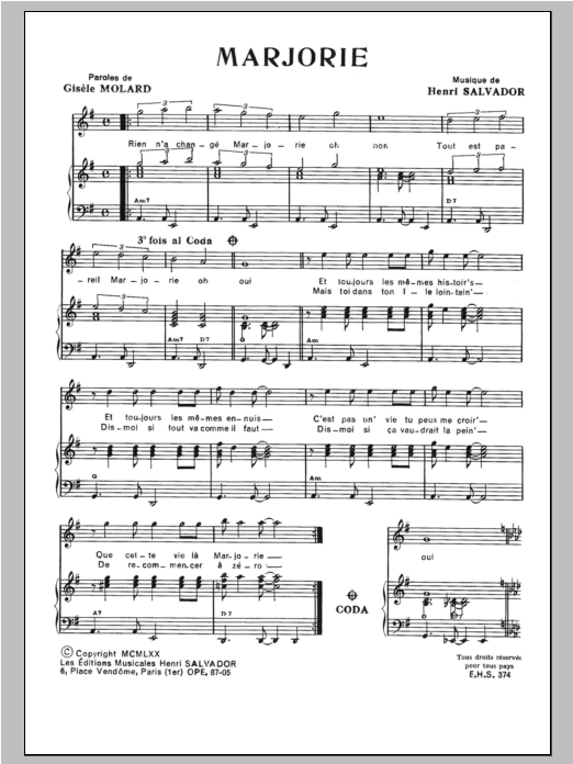 Download Henri Salvador Marjorie Sheet Music and learn how to play Piano & Vocal PDF digital score in minutes