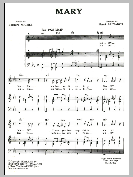Download Henri Salvador Mary Sheet Music and learn how to play Piano & Vocal PDF digital score in minutes