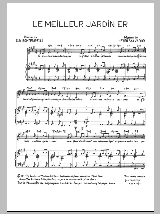 Download Henri Salvador Meilleur Jardinier Sheet Music and learn how to play Piano & Vocal PDF digital score in minutes