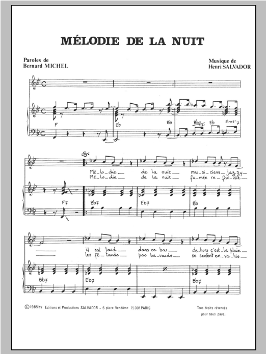 Download Henri Salvador Melodie De La Nuit Sheet Music and learn how to play Piano & Vocal PDF digital score in minutes