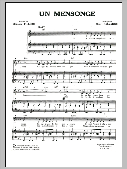 Download Henri Salvador Mensonge Sheet Music and learn how to play Piano & Vocal PDF digital score in minutes
