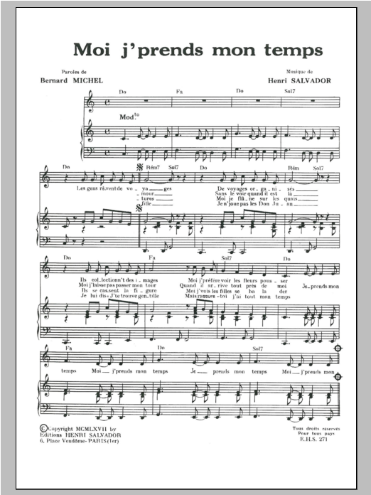 Download Henri Salvador Moi J Prends Mon Temps Sheet Music and learn how to play Piano & Vocal PDF digital score in minutes