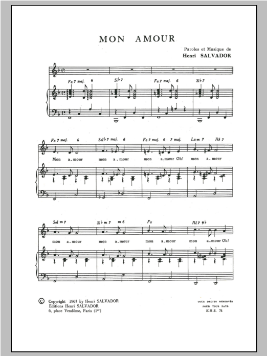 Download Henri Salvador Mon Amour Sheet Music and learn how to play Piano & Vocal PDF digital score in minutes