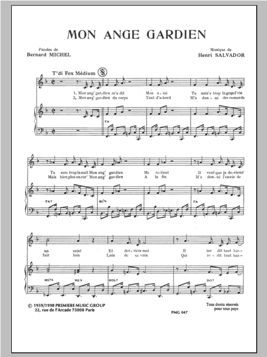 Download Henri Salvador Mon Ange Gardien Sheet Music and learn how to play Piano & Vocal PDF digital score in minutes