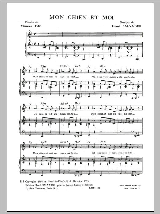 Download Henri Salvador Mon Chien Et Moi Sheet Music and learn how to play Piano & Vocal PDF digital score in minutes