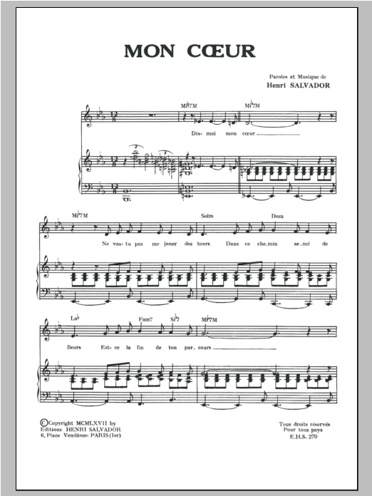 Download Henri Salvador Mon Coeur Sheet Music and learn how to play Piano & Vocal PDF digital score in minutes