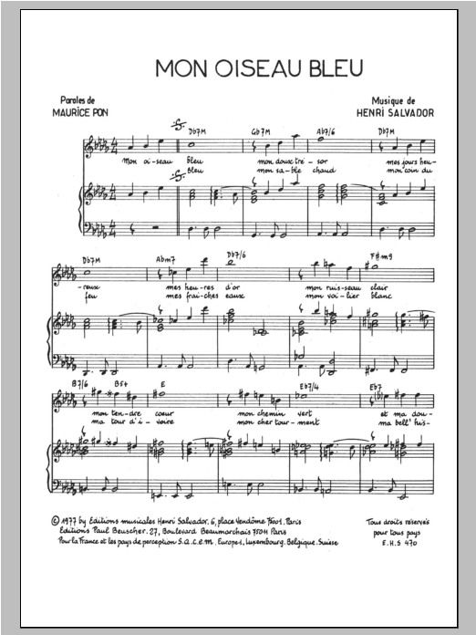 Download Henri Salvador Mon Oiseau Bleu Sheet Music and learn how to play Piano & Vocal PDF digital score in minutes