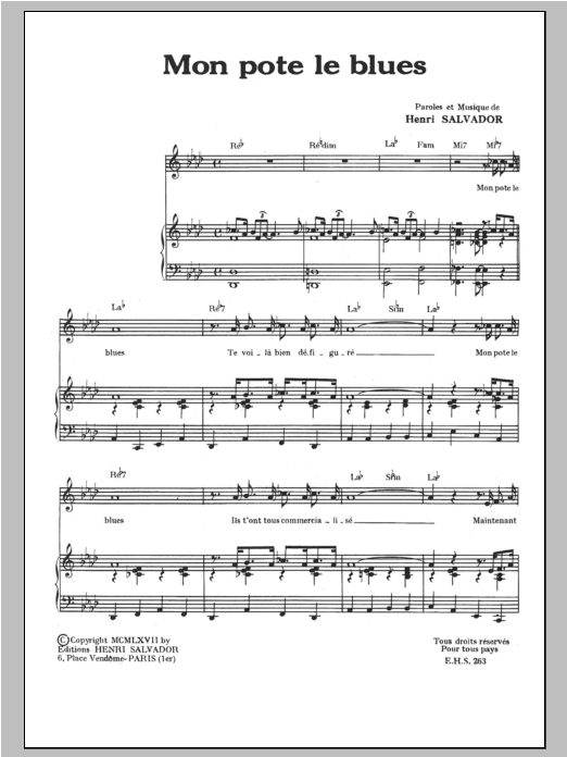 Download Henri Salvador Mon Pote Le Blues Sheet Music and learn how to play Piano & Vocal PDF digital score in minutes