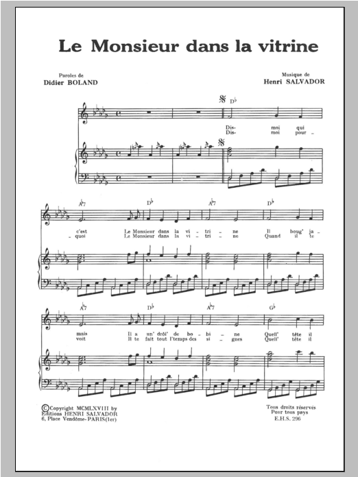 Download Henri Salvador Monsieur Dans La Vitrine Sheet Music and learn how to play Piano & Vocal PDF digital score in minutes