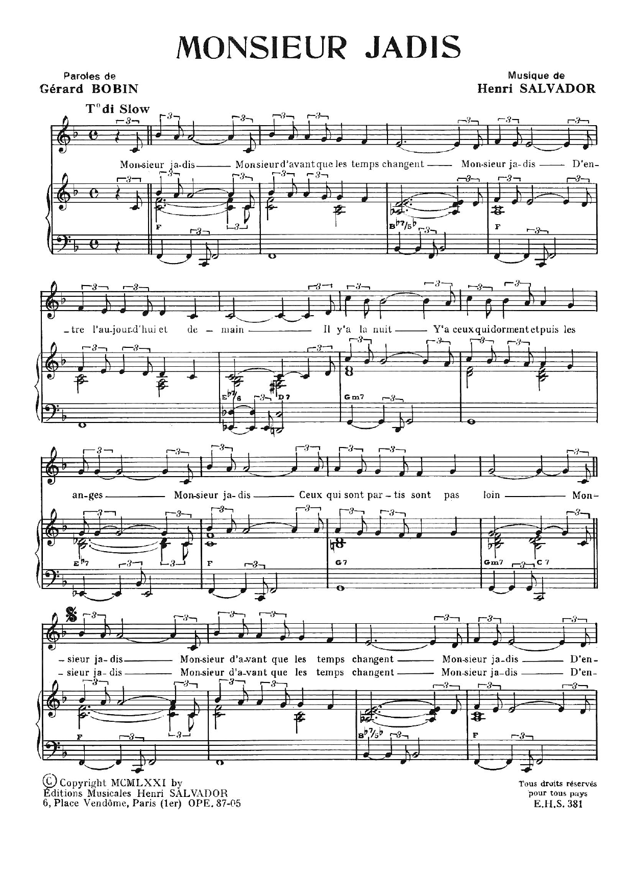 Download Henri Salvador Monsieur Jadis Sheet Music and learn how to play Piano & Vocal PDF digital score in minutes