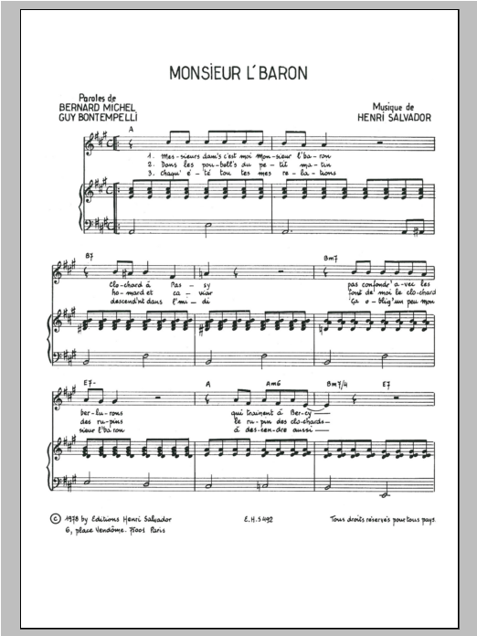 Download Henri Salvador Monsieur L'Baron Sheet Music and learn how to play Piano & Vocal PDF digital score in minutes