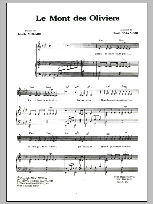 Download Henri Salvador Mont Des Oliviers Sheet Music and learn how to play Piano & Vocal PDF digital score in minutes