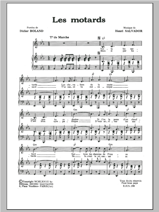 Download Henri Salvador Motards, Les Sheet Music and learn how to play Piano & Vocal PDF digital score in minutes