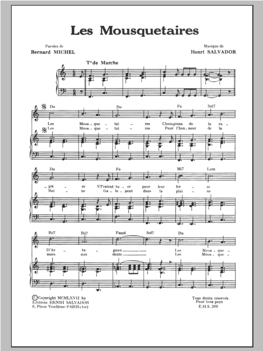 Download Henri Salvador Mousquetaires Sheet Music and learn how to play Piano & Vocal PDF digital score in minutes