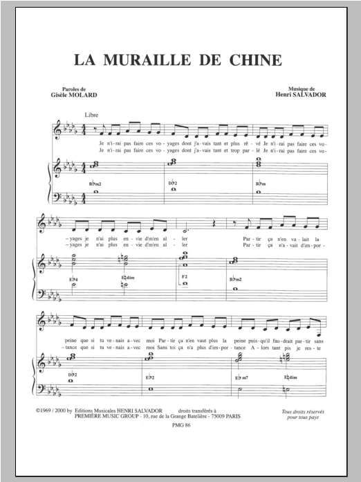 Download Henri Salvador Muraille De Chine Sheet Music and learn how to play Piano & Vocal PDF digital score in minutes