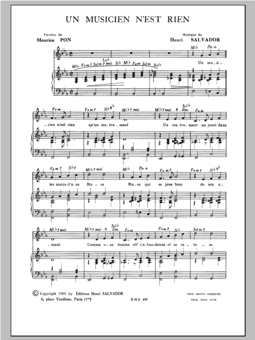 Download Henri Salvador Musicien N'est Rien Sheet Music and learn how to play Piano & Vocal PDF digital score in minutes