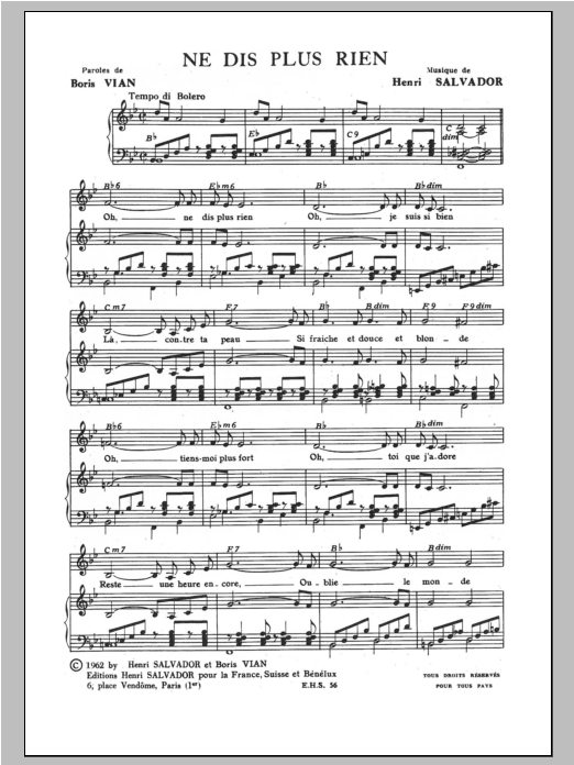Download Henri Salvador Ne Dis Plus Rien Sheet Music and learn how to play Piano & Vocal PDF digital score in minutes