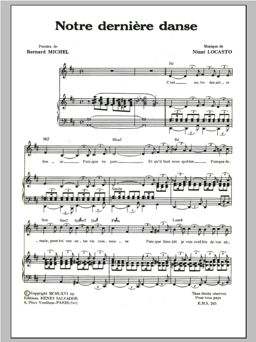Download Henri Salvador Notre Derniere Danse Sheet Music and learn how to play Piano & Vocal PDF digital score in minutes