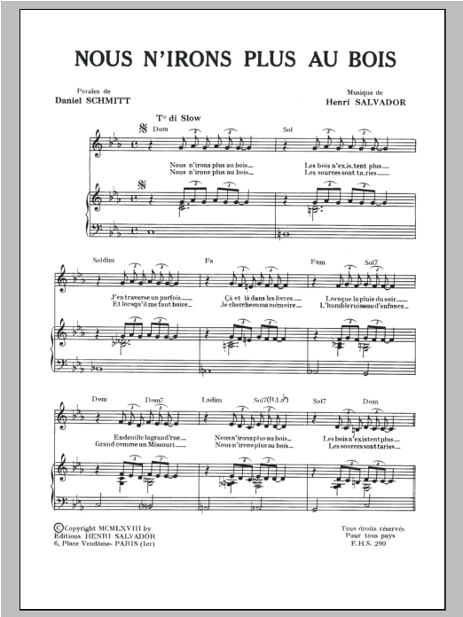 Download Henri Salvador Nous N'irons Plus Au Bois Sheet Music and learn how to play Piano & Vocal PDF digital score in minutes
