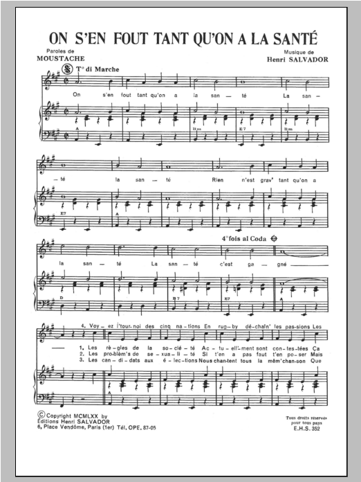 Download Henri Salvador On S'en Fout Tant Qu'on A La Sante Sheet Music and learn how to play Piano & Vocal PDF digital score in minutes