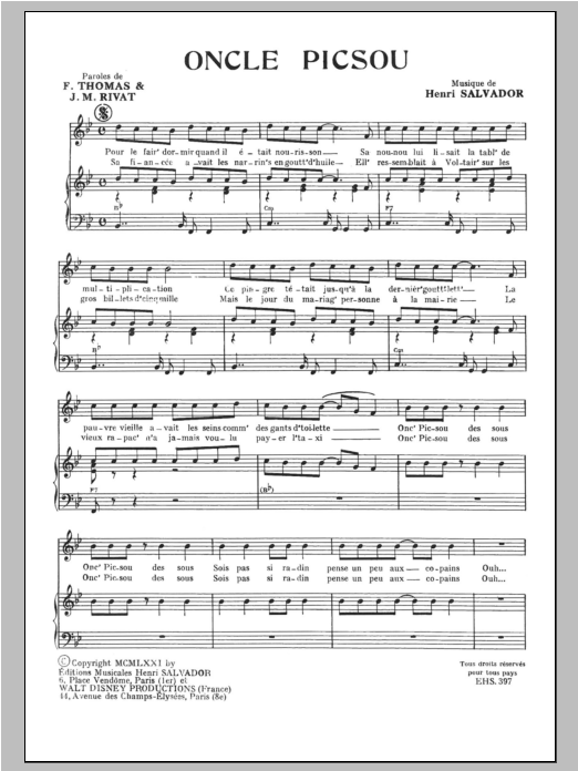 Download Henri Salvador Oncle Picsou Sheet Music and learn how to play Piano & Vocal PDF digital score in minutes