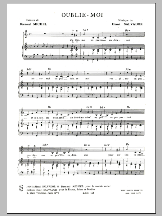 Download Henri Salvador Oublie Moi Sheet Music and learn how to play Piano & Vocal PDF digital score in minutes