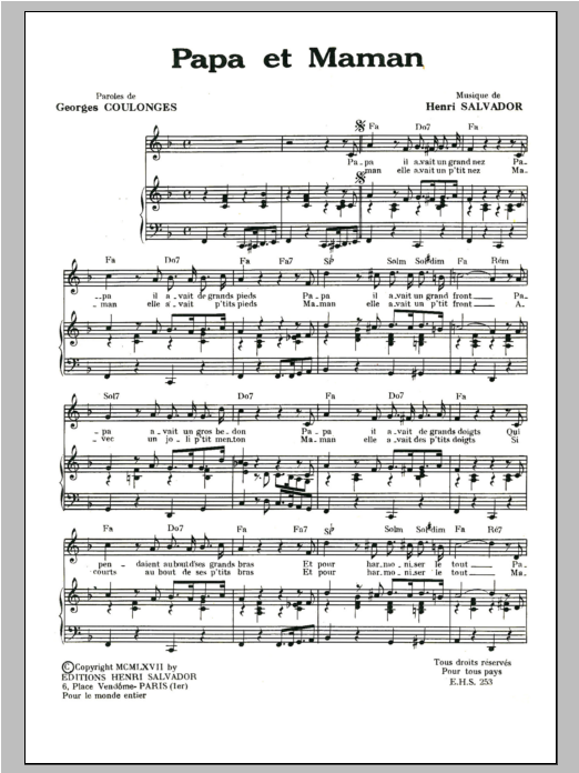 Download Henri Salvador Papa Et Maman Sheet Music and learn how to play Piano & Vocal PDF digital score in minutes