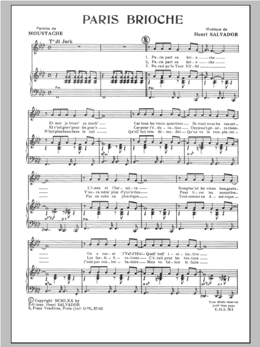 Download Henri Salvador Paris Brioche Sheet Music and learn how to play Piano & Vocal PDF digital score in minutes