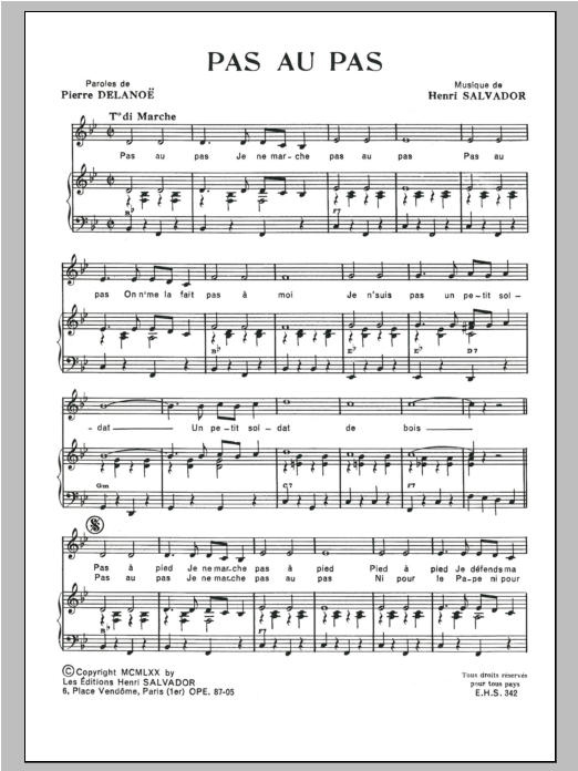 Download Henri Salvador Pas Au Pas Sheet Music and learn how to play Piano & Vocal PDF digital score in minutes