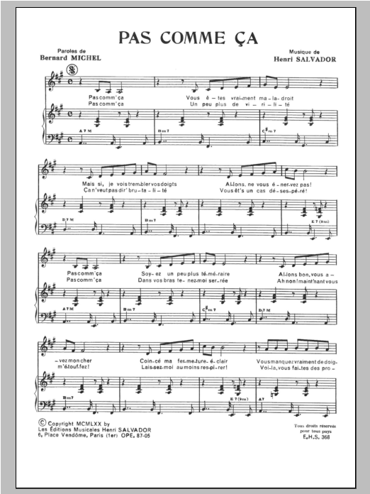 Download Henri Salvador Pas Comme Ca Sheet Music and learn how to play Piano & Vocal PDF digital score in minutes