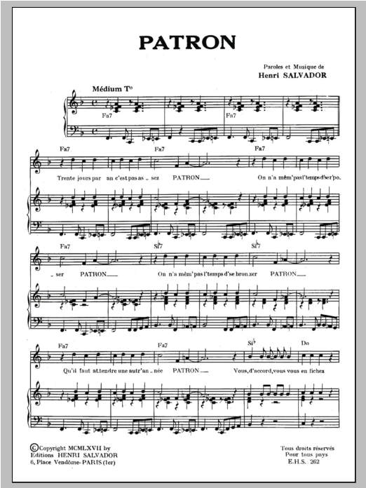 Download Henri Salvador Patron Sheet Music and learn how to play Piano & Vocal PDF digital score in minutes