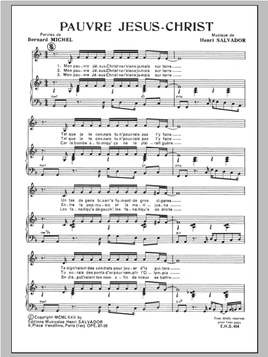 Download Henri Salvador Pauvre Jesus Christ Sheet Music and learn how to play Piano & Vocal PDF digital score in minutes