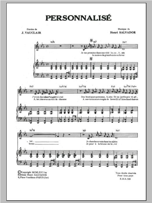 Download Henri Salvador Personnalise Sheet Music and learn how to play Piano & Vocal PDF digital score in minutes