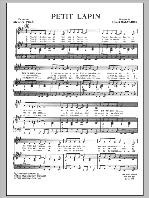 Download Henri Salvador Petit Lapin Sheet Music and learn how to play Piano & Vocal PDF digital score in minutes