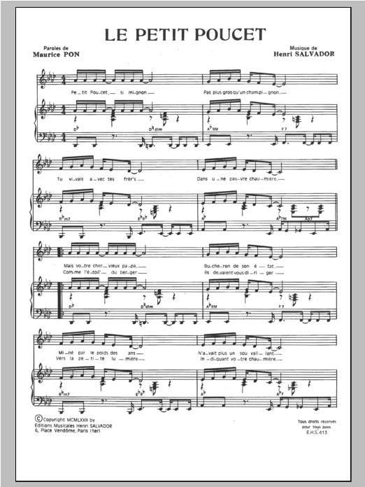 Download Henri Salvador Petit Poucet Sheet Music and learn how to play Piano & Vocal PDF digital score in minutes