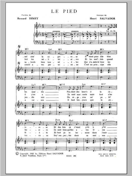 Download Henri Salvador Pied Sheet Music and learn how to play Piano & Vocal PDF digital score in minutes