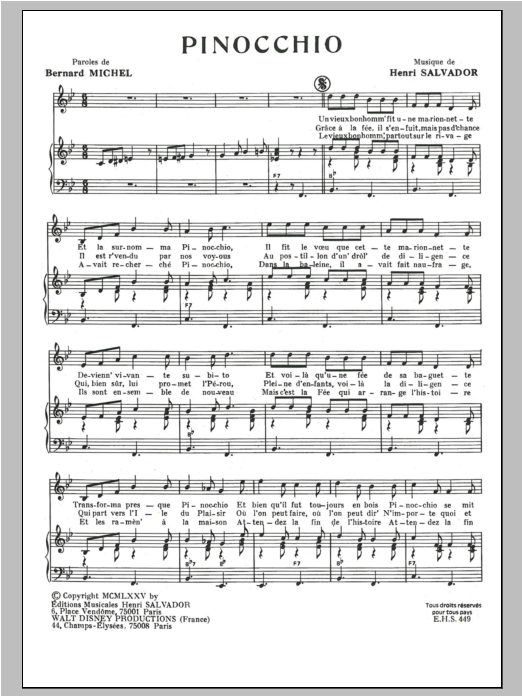 Download Henri Salvador Pinocchio Sheet Music and learn how to play Piano & Vocal PDF digital score in minutes