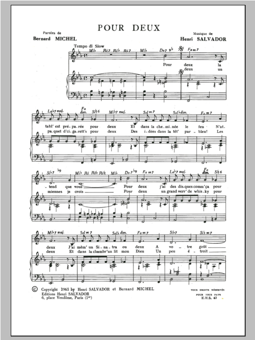 Download Henri Salvador Pour Deux Sheet Music and learn how to play Piano & Vocal PDF digital score in minutes
