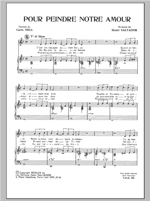 Download Henri Salvador Pour Peindre Notre Amour Sheet Music and learn how to play Piano & Vocal PDF digital score in minutes