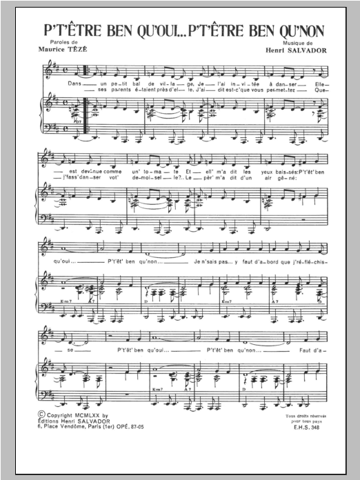 Download Henri Salvador P'tetre Bien Que Oui P'tetre Bien Que Non Sheet Music and learn how to play Piano & Vocal PDF digital score in minutes