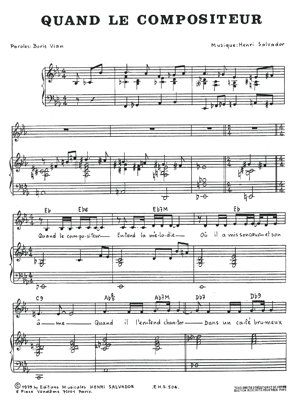 Download Henri Salvador Quand Le Compositeur Sheet Music and learn how to play Piano, Vocal & Guitar PDF digital score in minutes