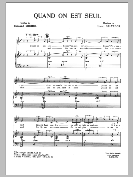 Download Henri Salvador Quand On Est Seul Sheet Music and learn how to play Piano & Vocal PDF digital score in minutes