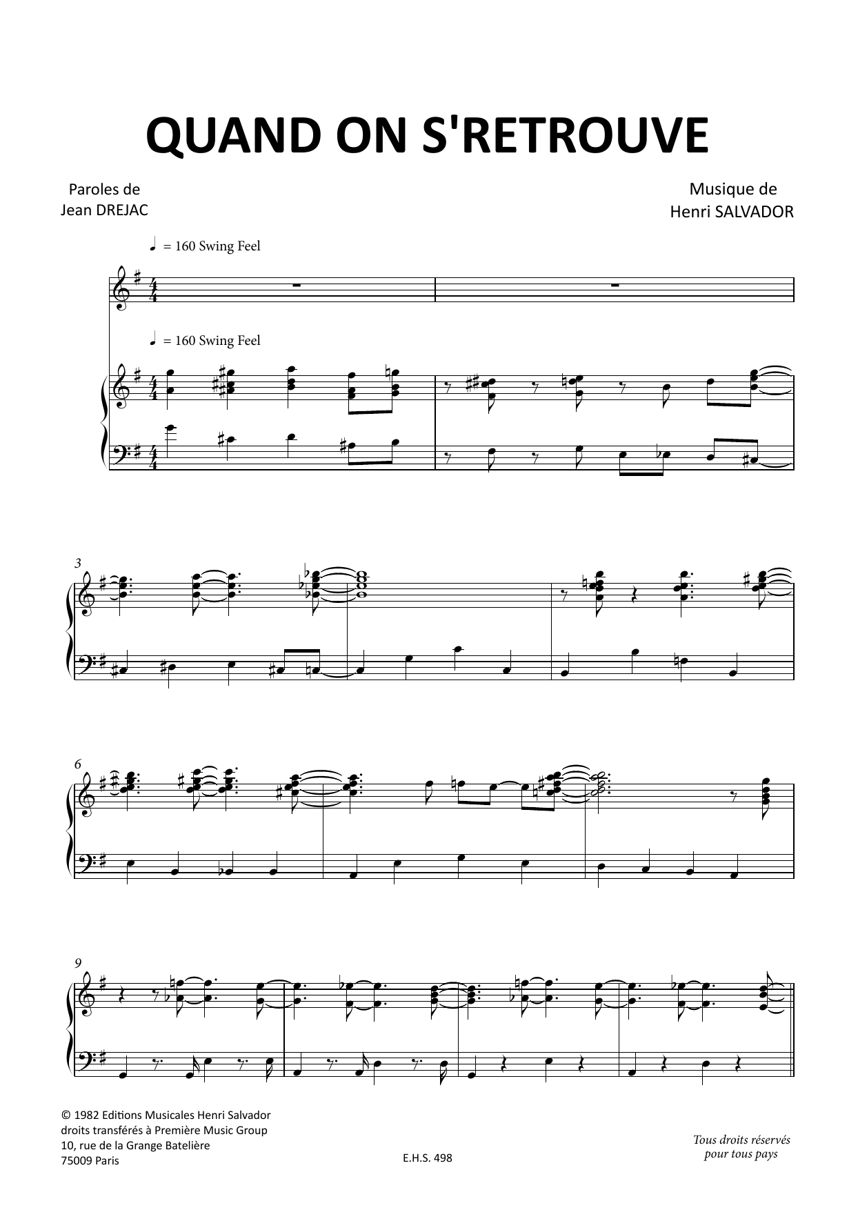 Download Henri Salvador Quand On Se Retrouve Sheet Music and learn how to play Piano & Vocal PDF digital score in minutes