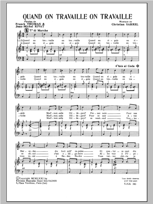 Download Henri Salvador Quand On Travaille On Travaille Sheet Music and learn how to play Piano & Vocal PDF digital score in minutes