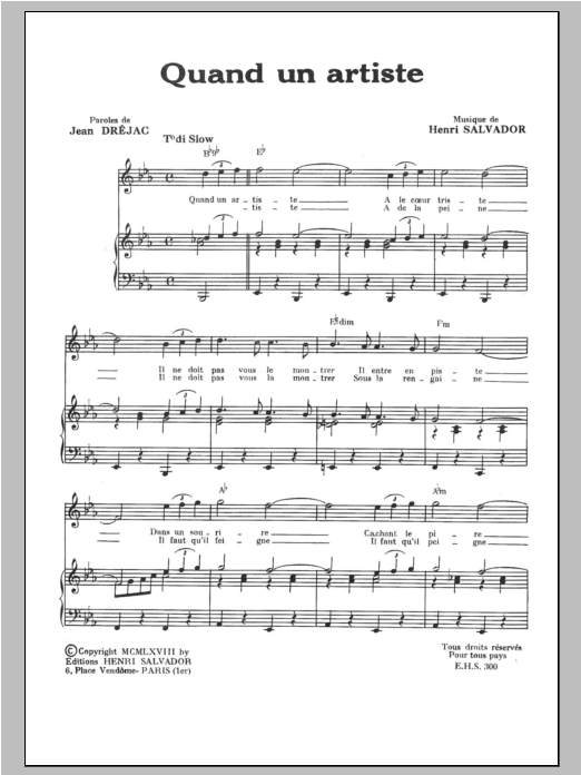 Download Henri Salvador Quand Un Artiste Sheet Music and learn how to play Piano & Vocal PDF digital score in minutes