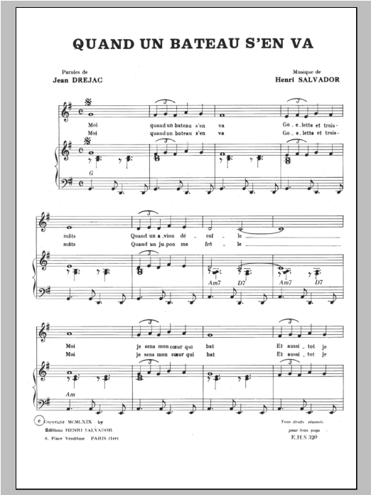 Download Henri Salvador Quand Un Bateau S'en Va Sheet Music and learn how to play Piano & Vocal PDF digital score in minutes