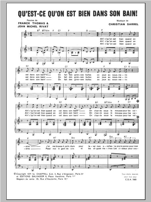 Download Henri Salvador Qu'est Ce Qu'on Est Bien Dans Son Bain Sheet Music and learn how to play Piano & Vocal PDF digital score in minutes