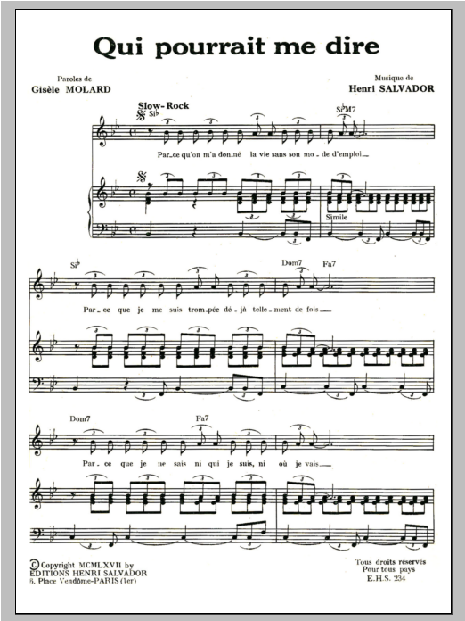 Download Henri Salvador Qui Pourrait Me Dire Sheet Music and learn how to play Piano & Vocal PDF digital score in minutes