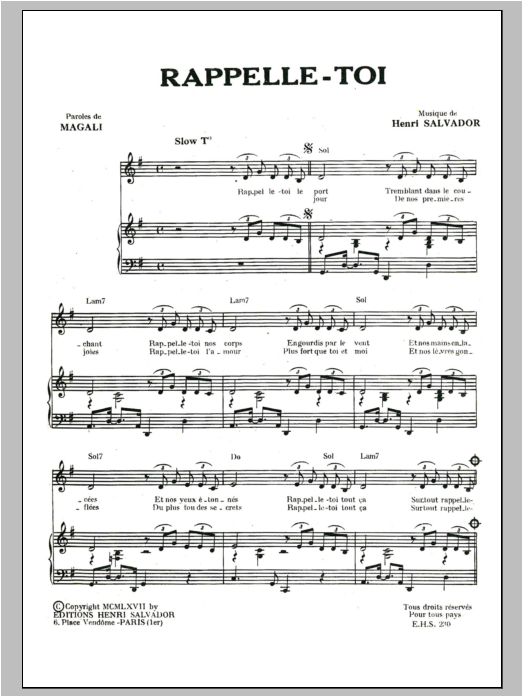 Download Henri Salvador Rappelle-Toi Sheet Music and learn how to play Piano & Vocal PDF digital score in minutes